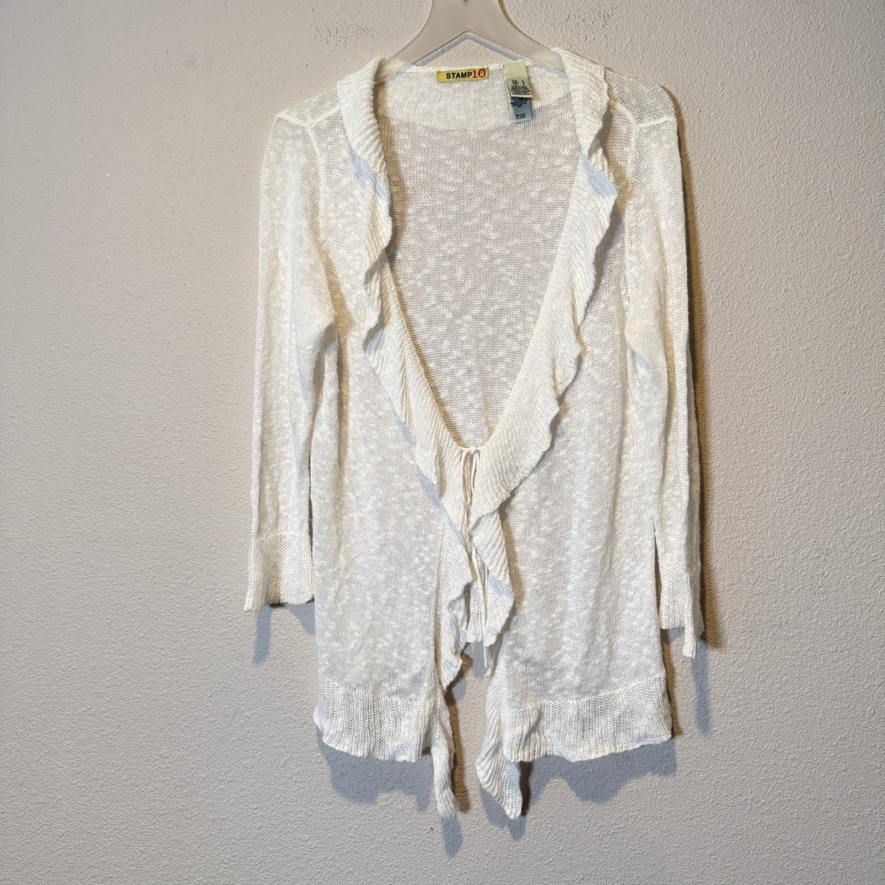 Stamp 10 Womens White Ruffle Front Open Knit Cardigan Ramie Cotton Blend Large